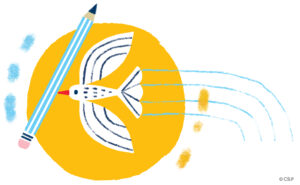 illustration of a bird with a pencil in its mouth